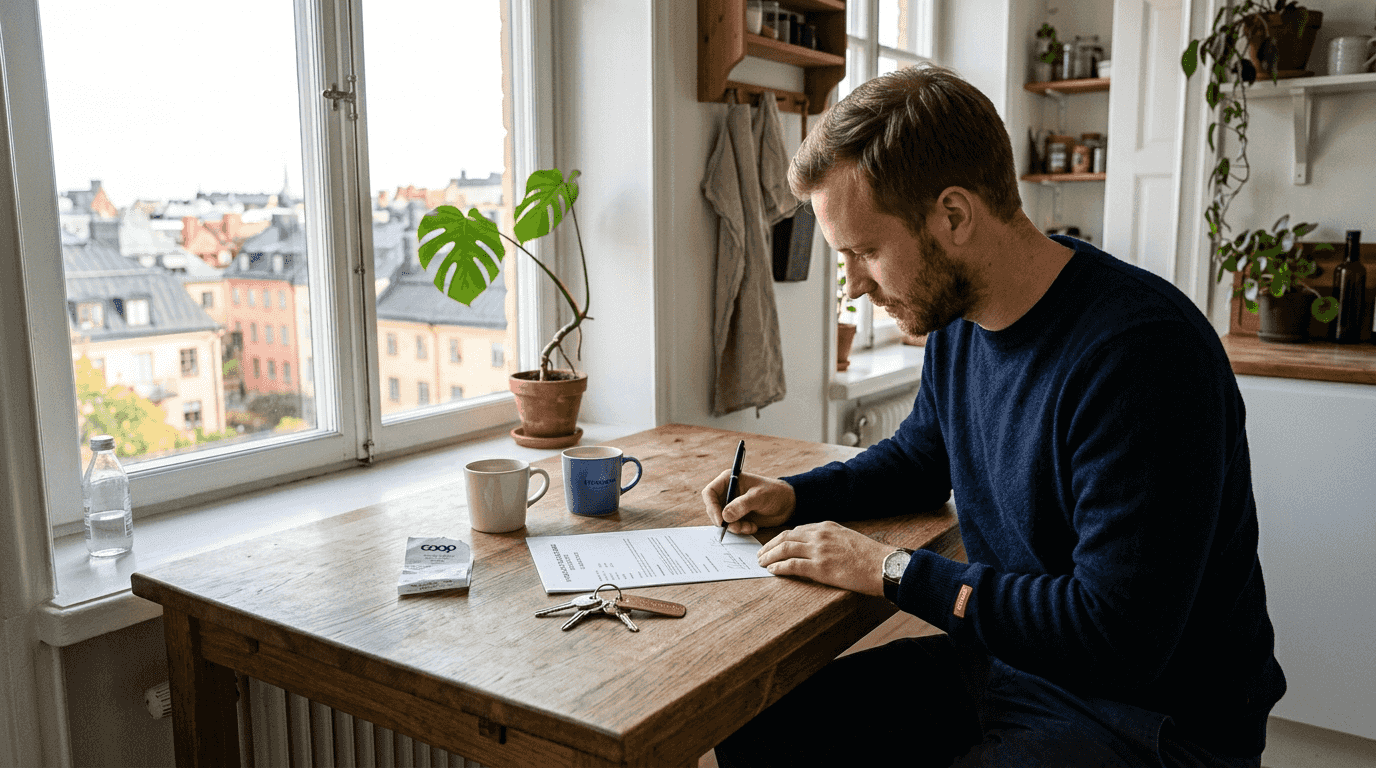 Signing Swedish lease at sunlit kitchen table