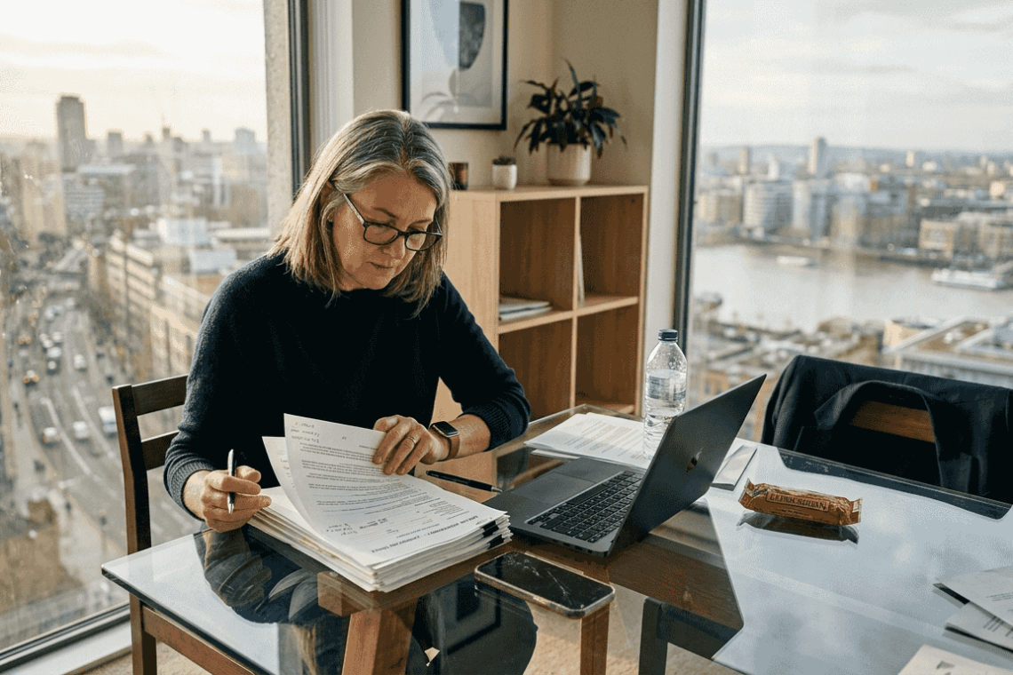 Travel manager checks rental contract in city office