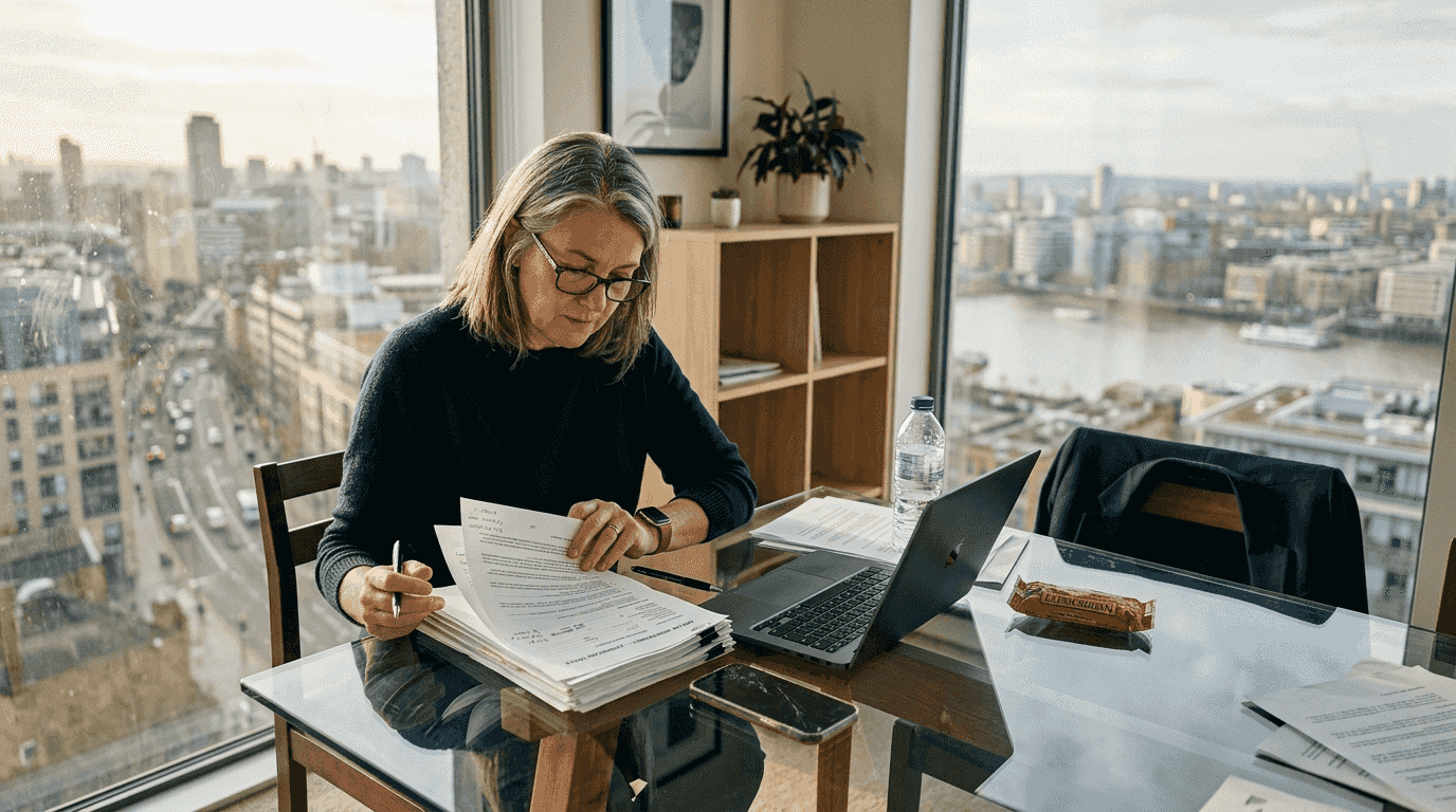 Travel manager checks rental contract in city office