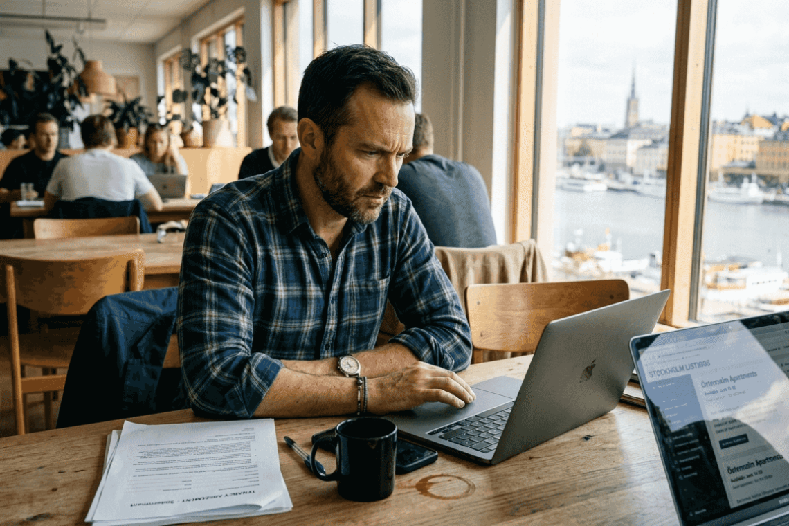Travel coordinator reviewing Swedish rental listings
