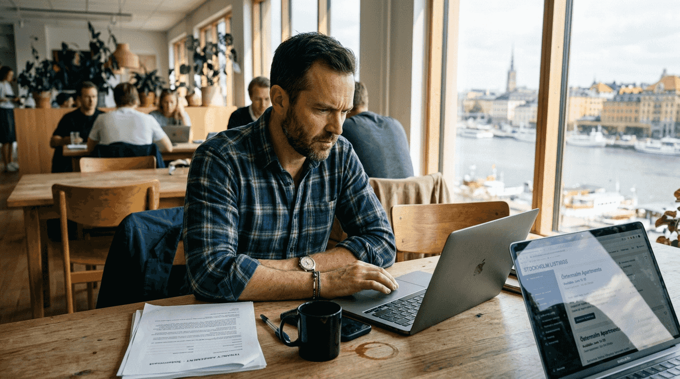 Travel coordinator reviewing Swedish rental listings