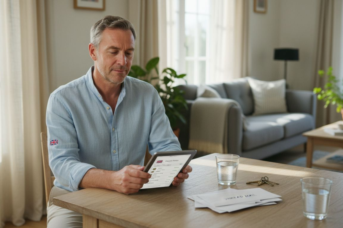 Owner using tablet in sunny guest home kitchen