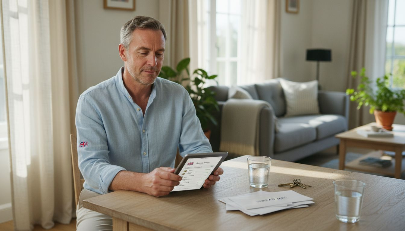 Owner using tablet in sunny guest home kitchen