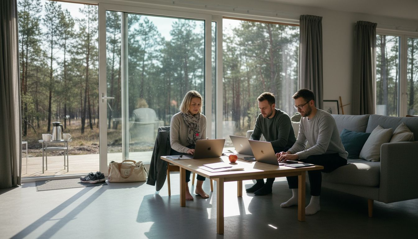 Team working in bright serviced villa living room
