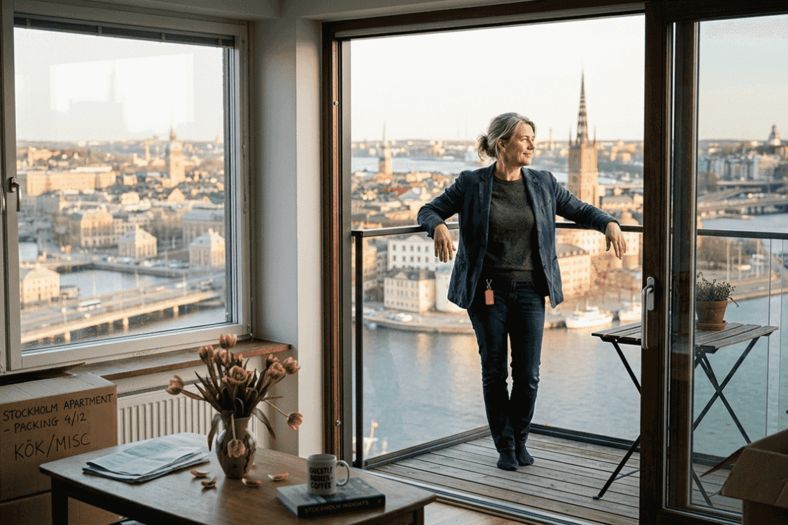 Property owner on balcony overlooking Stockholm