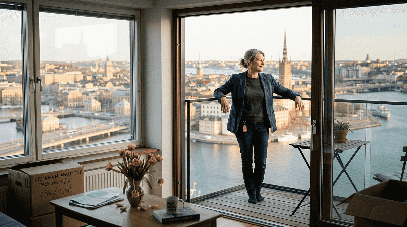 Property owner on balcony overlooking Stockholm
