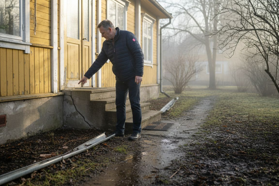 Villa owner inspects post-winter exterior damage