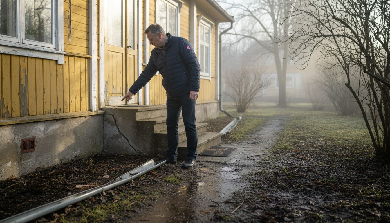 Villa owner inspects post-winter exterior damage