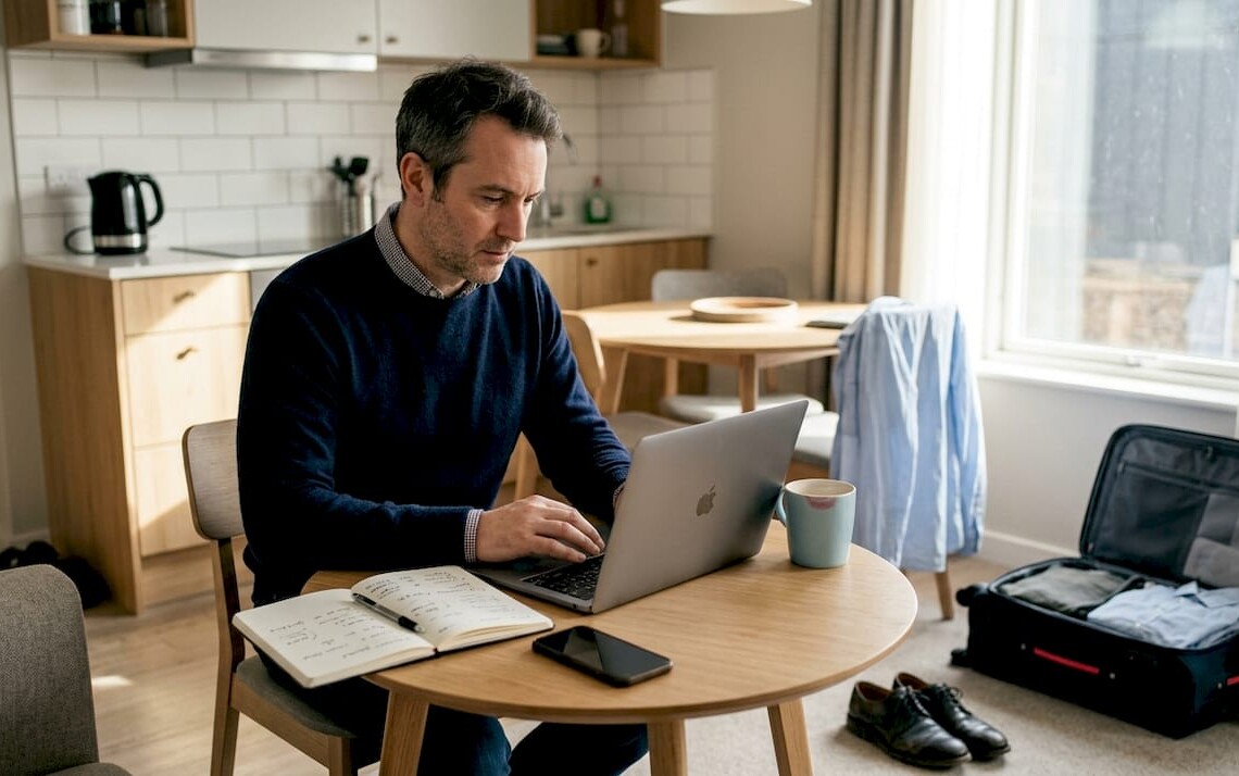 Business traveler reviews apartment options for work stay