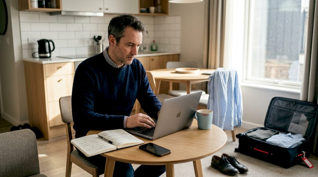 Business traveler reviews apartment options for work stay