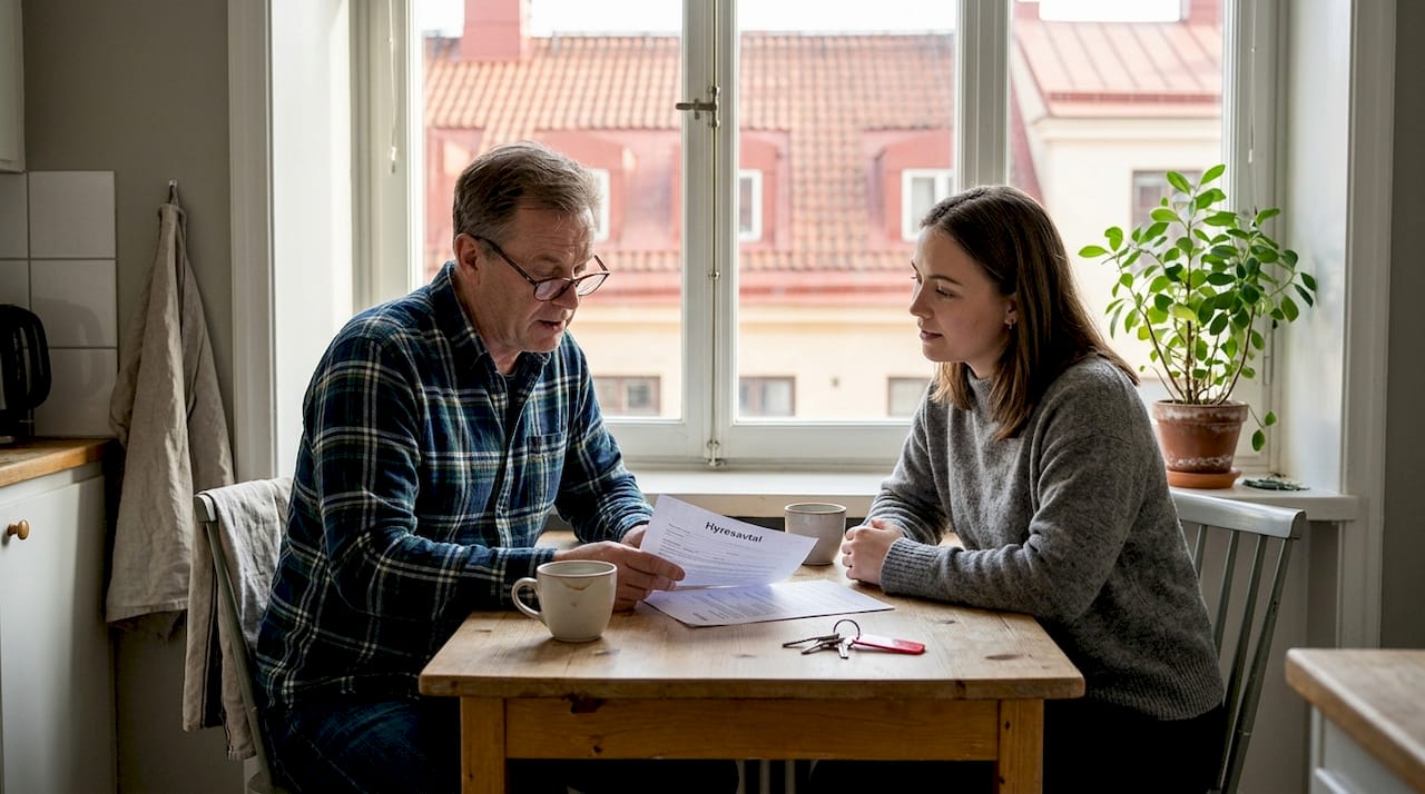 Landlord discussing lease with tenant in apartment