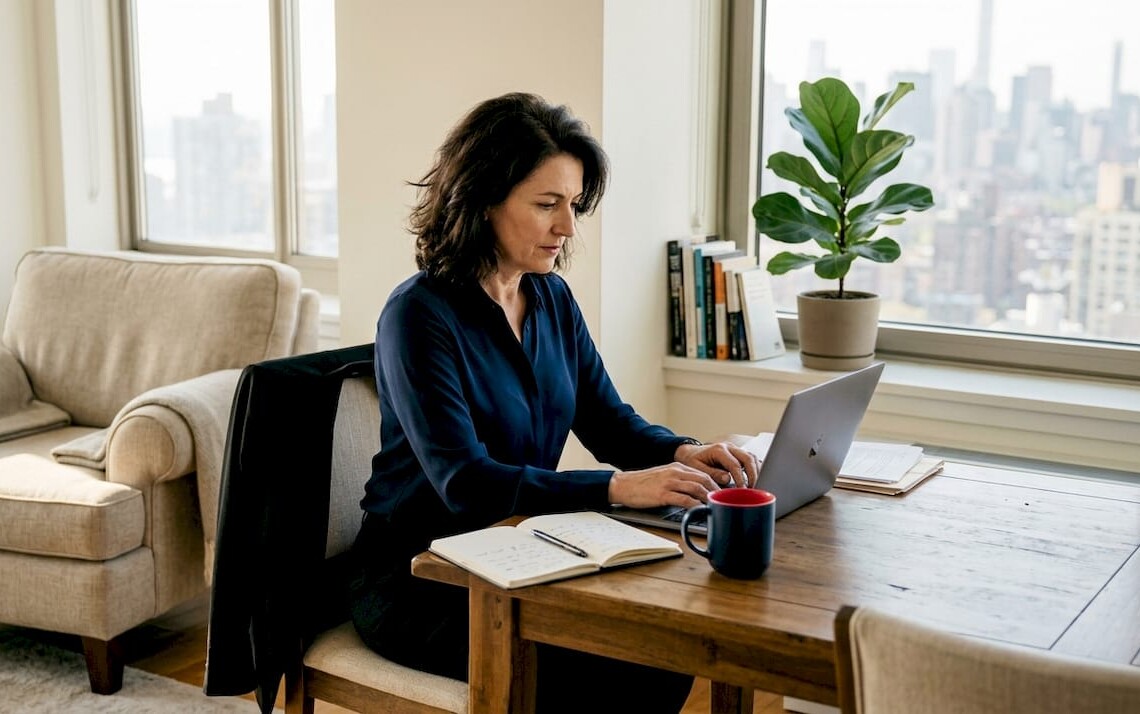 Executive working in bright apartment workspace