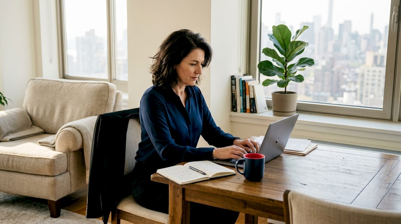 Executive working in bright apartment workspace