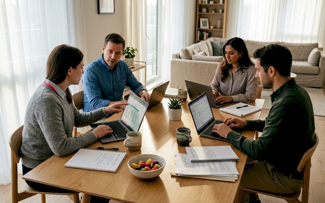 Corporate team working in shared apartment setting