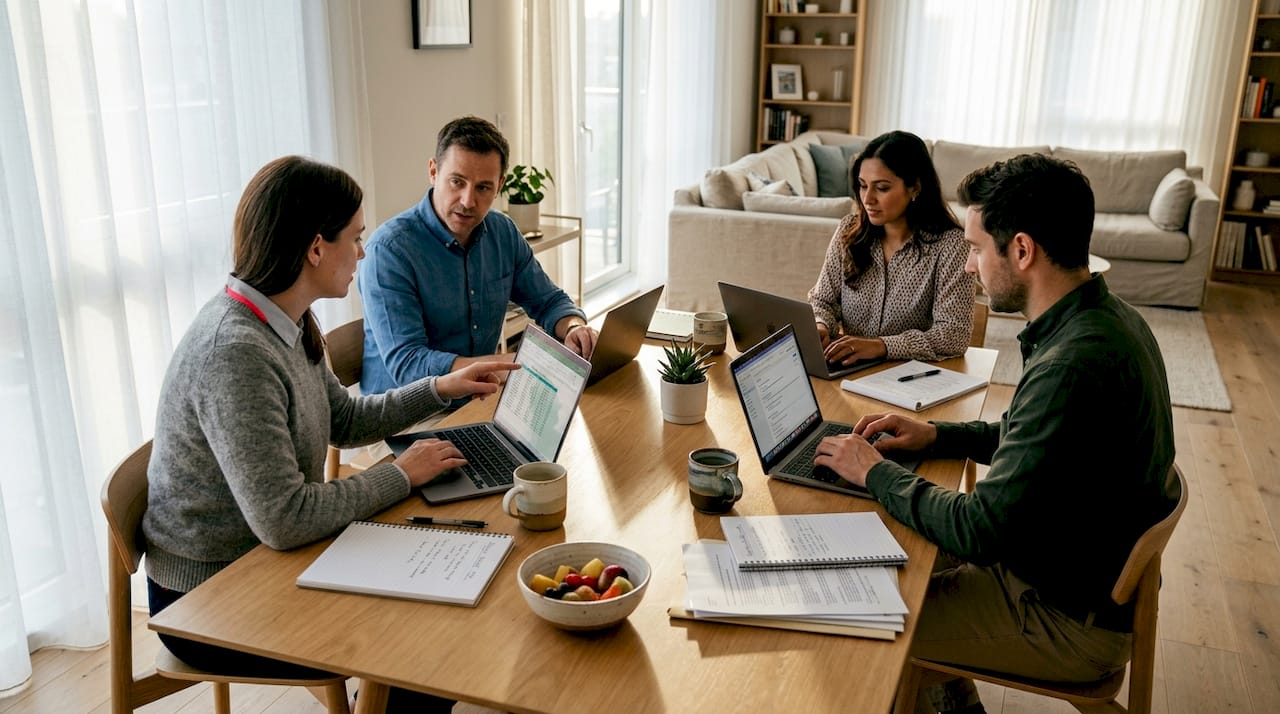 Corporate team working in shared apartment setting