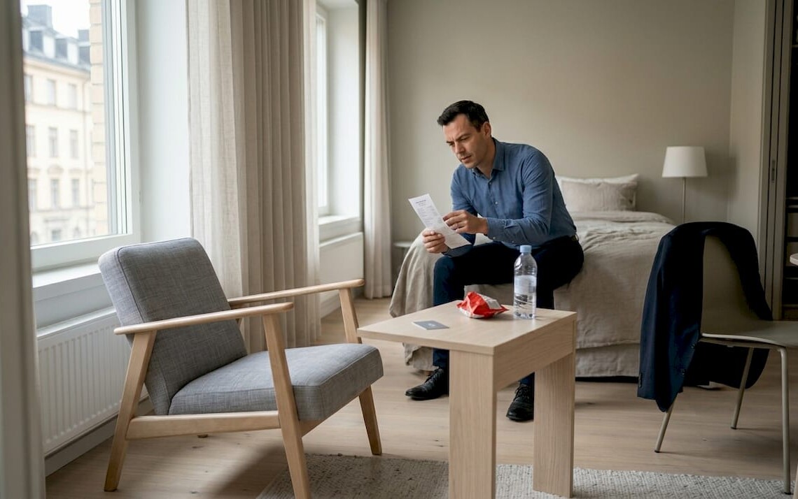 Business traveler checks hotel costs in Swedish room