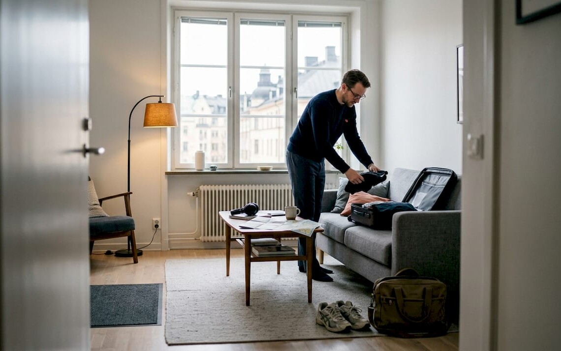 Business traveler unpacking in Swedish apartment