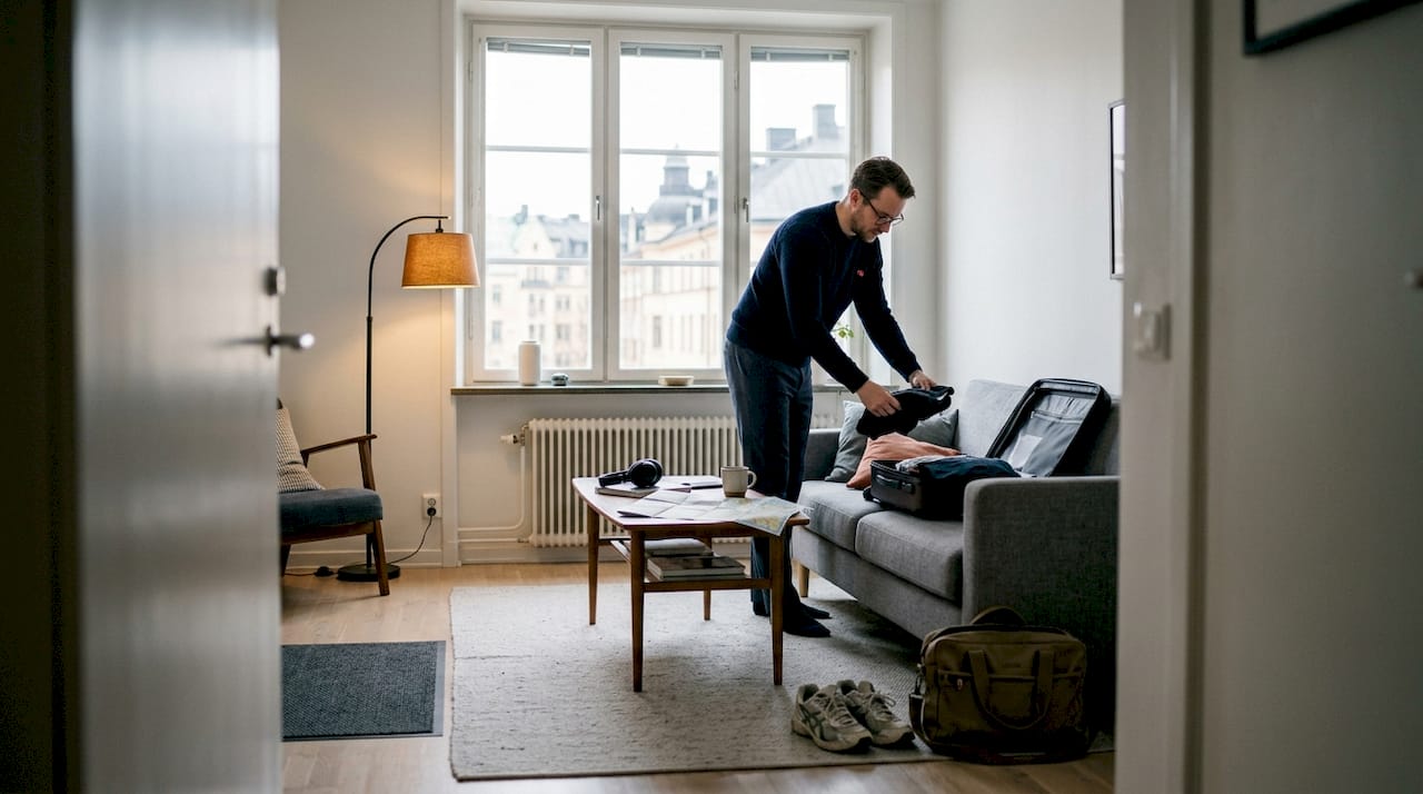 Business traveler unpacking in Swedish apartment