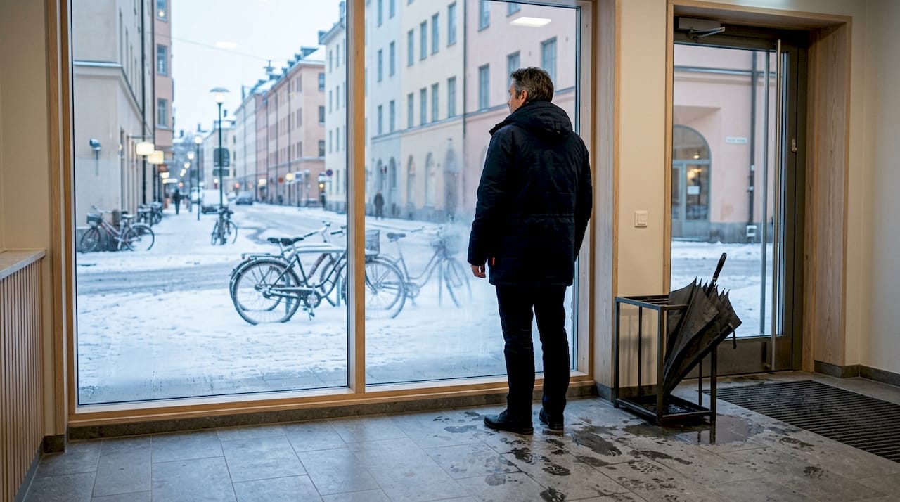 Man looks out Stockholm apartment lobby in winter
