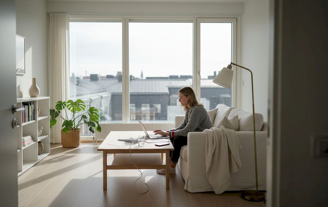 Professional working in corporate apartment living area