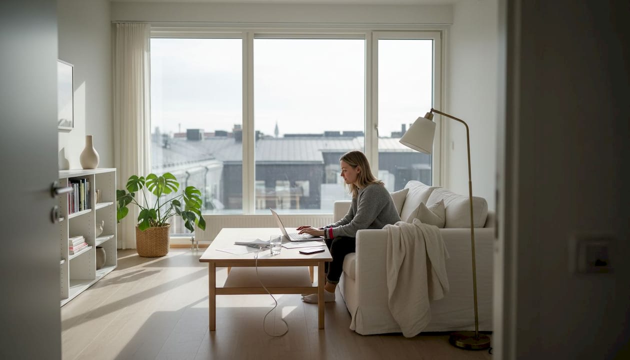 Professional working in corporate apartment living area