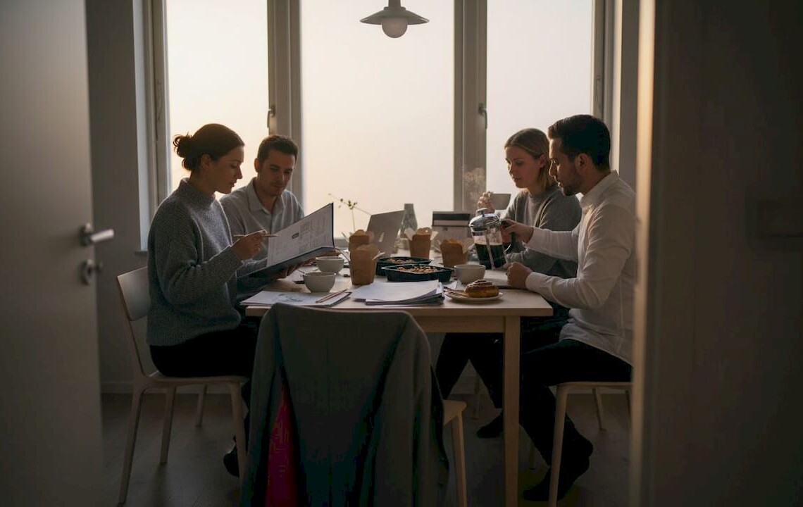 Swedish business team in apartment kitchen working