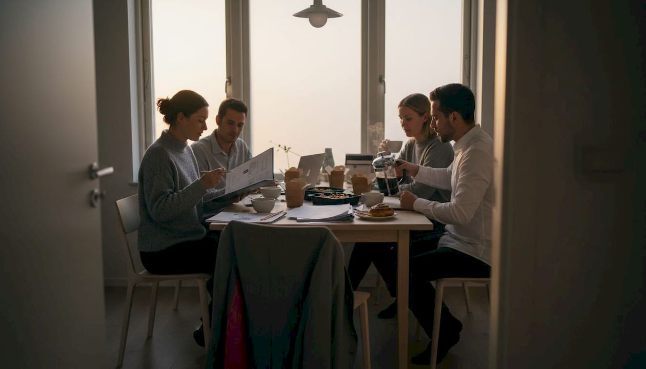 Swedish business team in apartment kitchen working