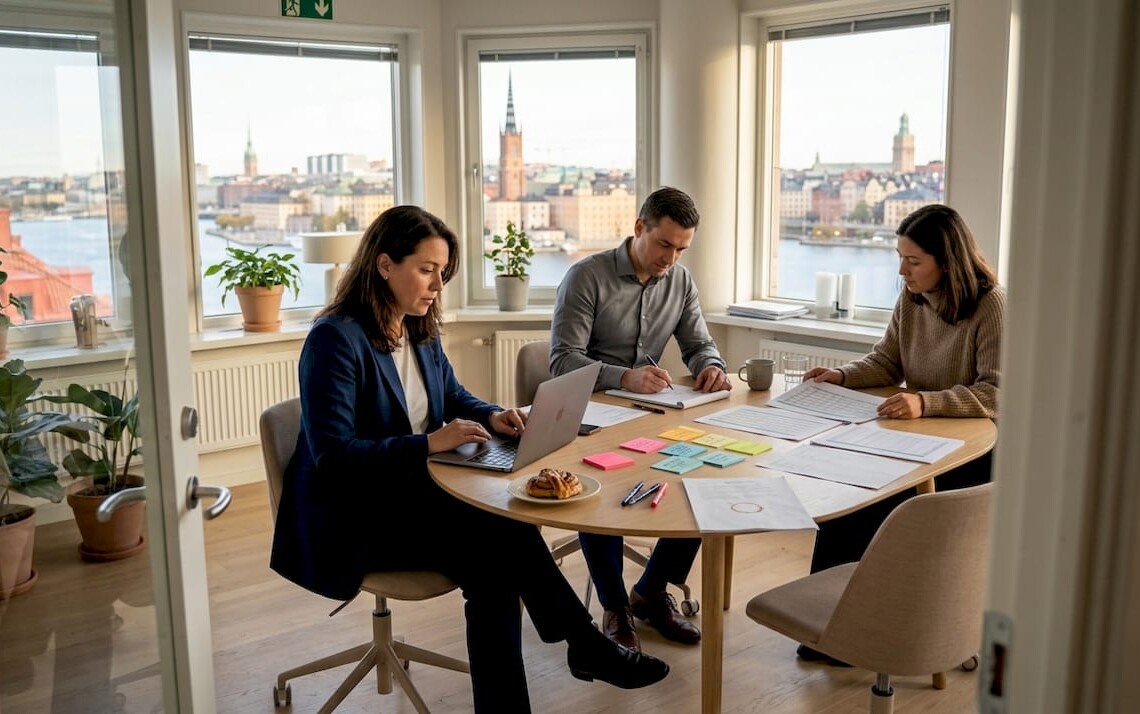 Team reviewing housing spreadsheet in office
