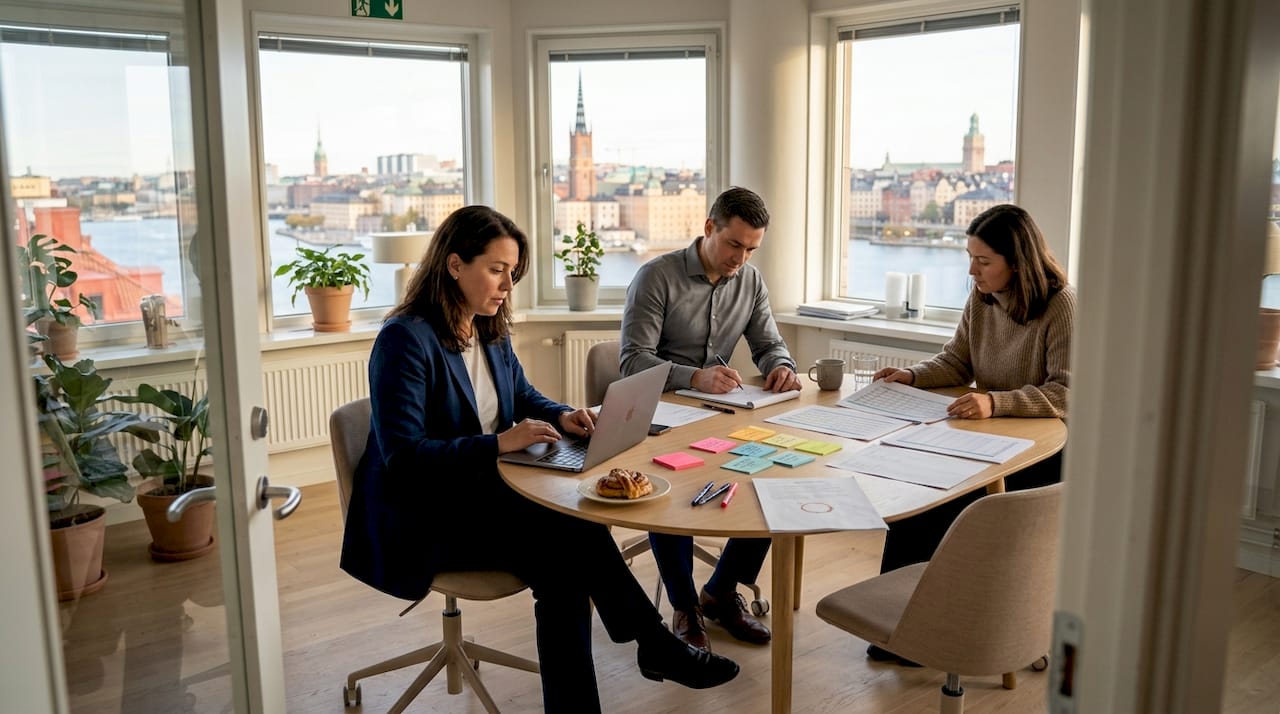 Team reviewing housing spreadsheet in office