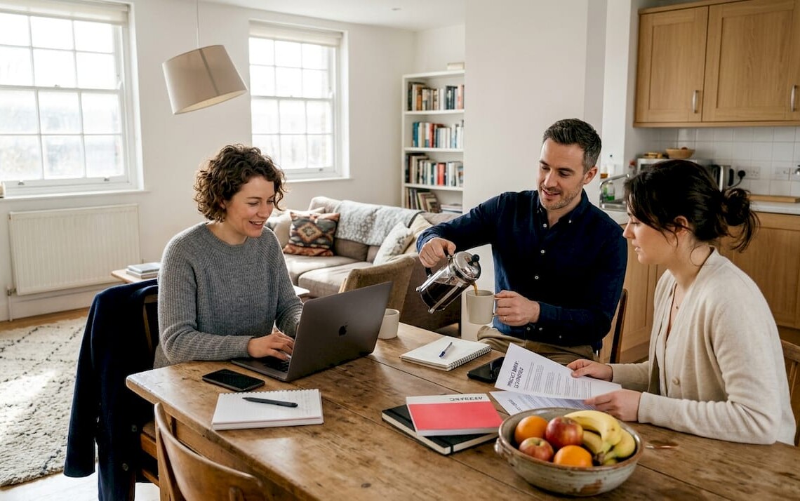Business team in shared apartment workspace