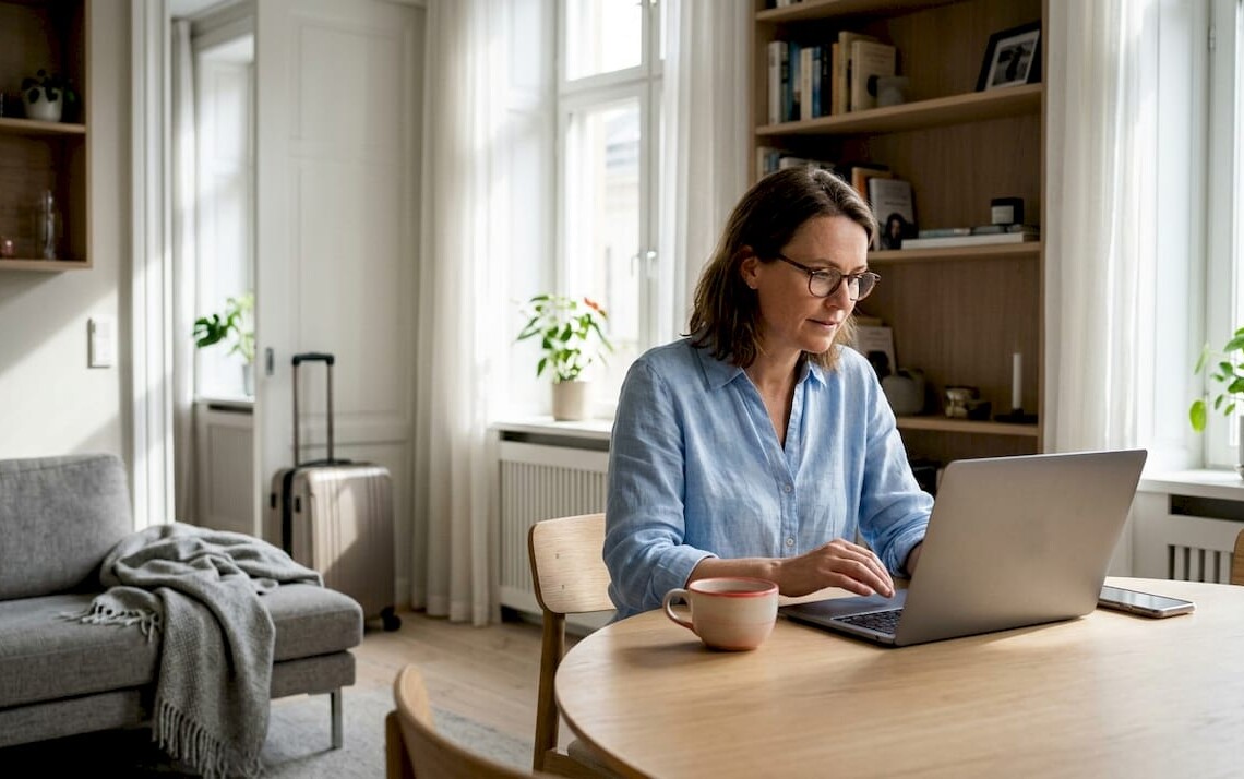 Woman comparing serviced apartment and Airbnb options