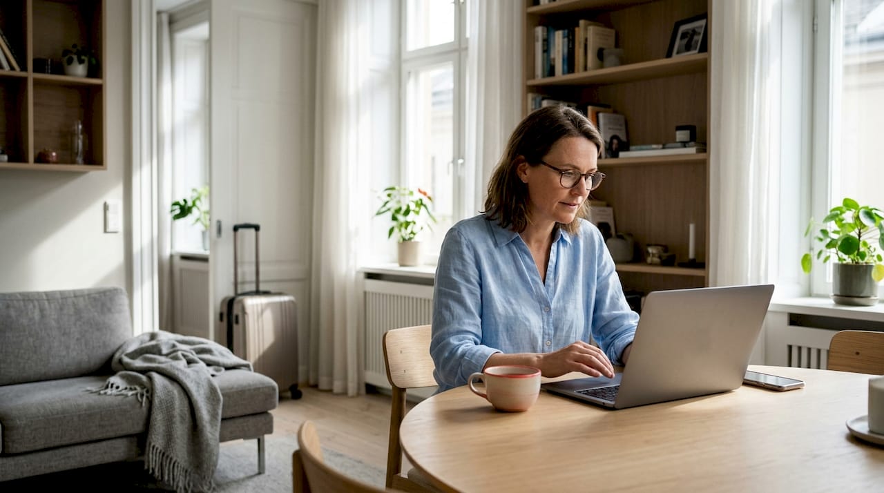 Woman comparing serviced apartment and Airbnb options