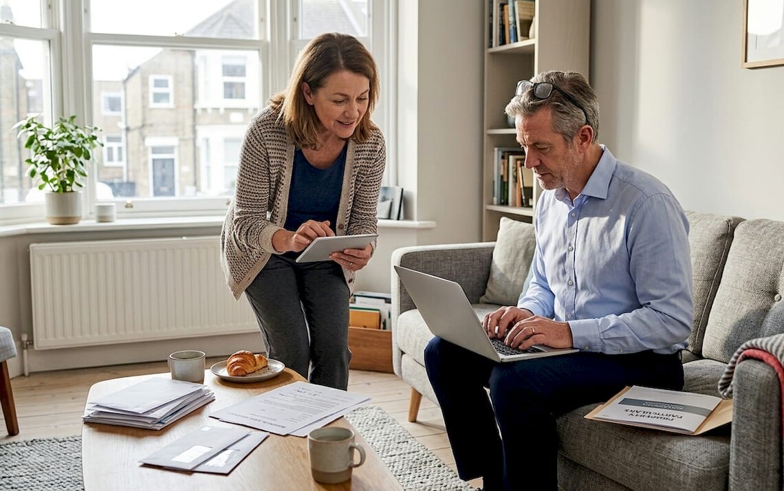 Landlord comparing paperwork with property manager in apartment