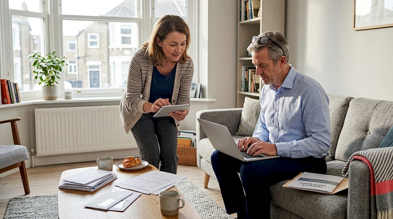 Landlord comparing paperwork with property manager in apartment