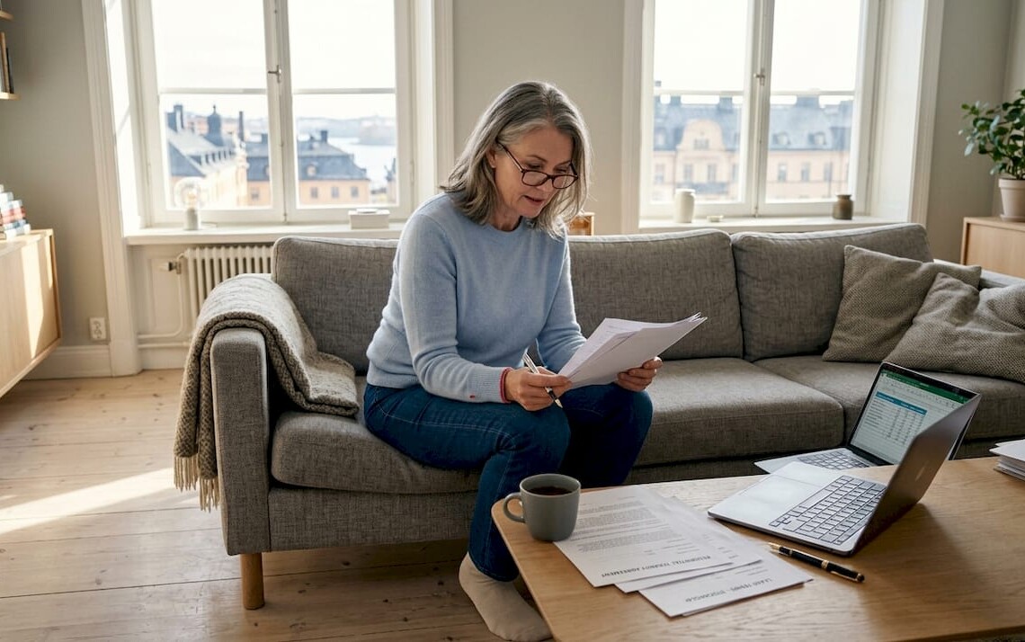 Owner reviewing documents in premium Swedish apartment
