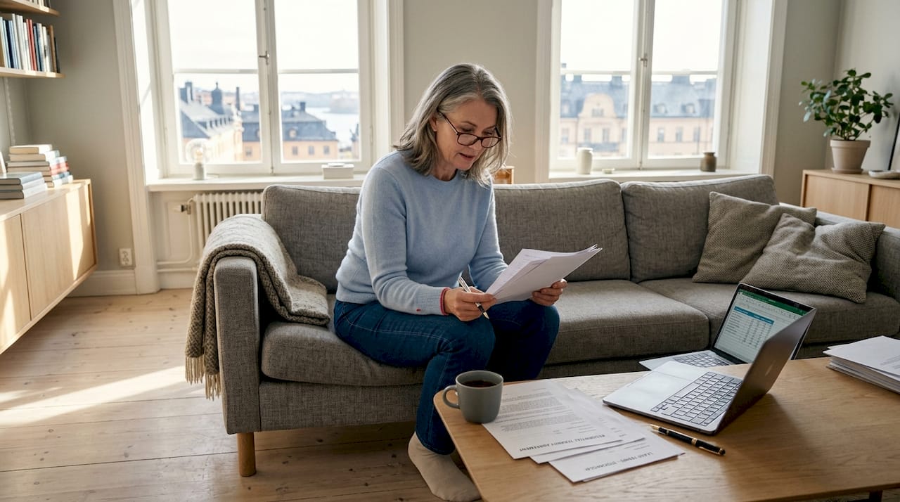 Owner reviewing documents in premium Swedish apartment