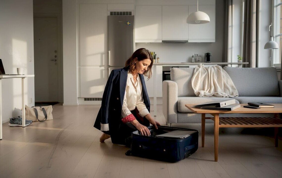 Business traveler unpacks in Stockholm serviced home