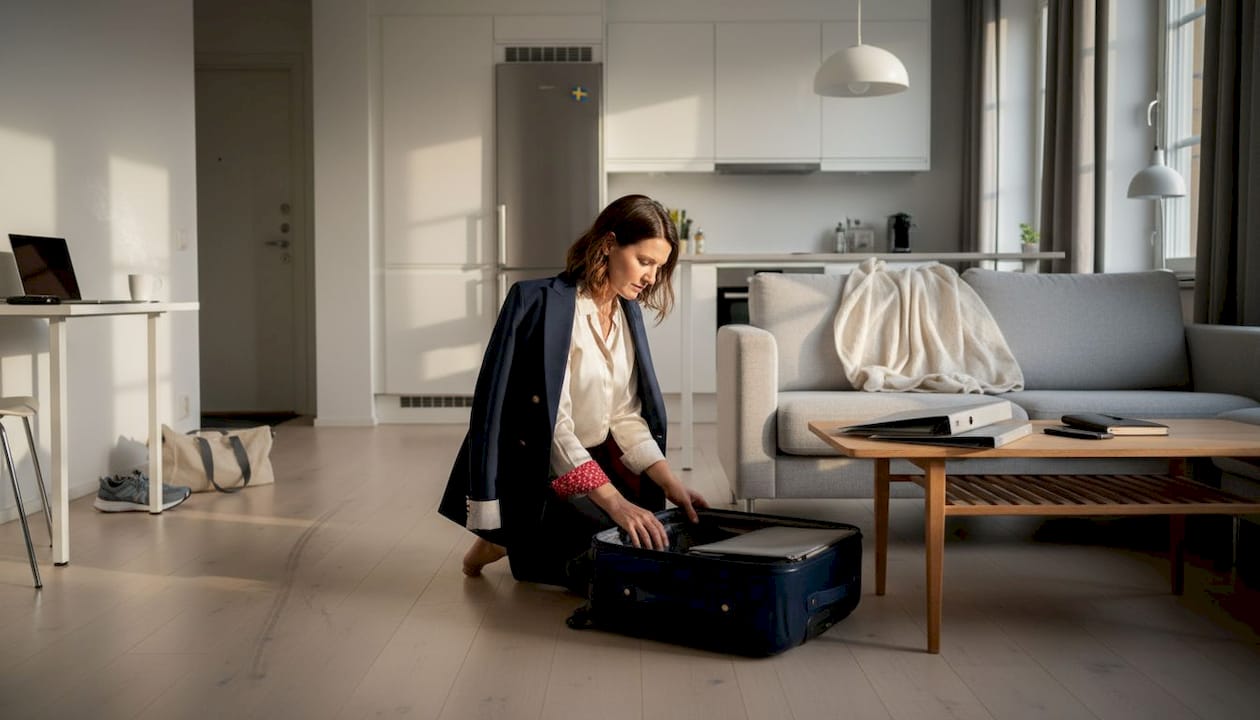 Business traveler unpacks in Stockholm serviced home