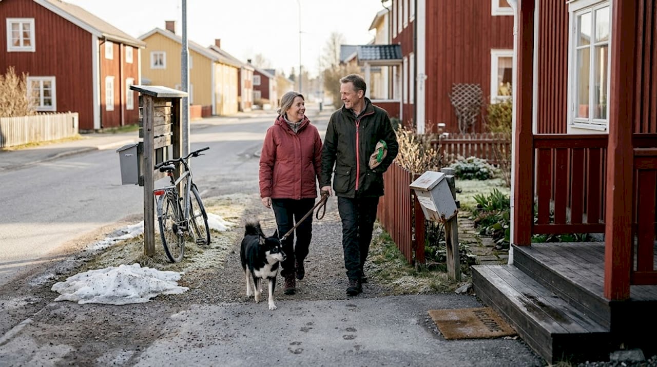 Couple walking in Norrbotten housing neighborhood