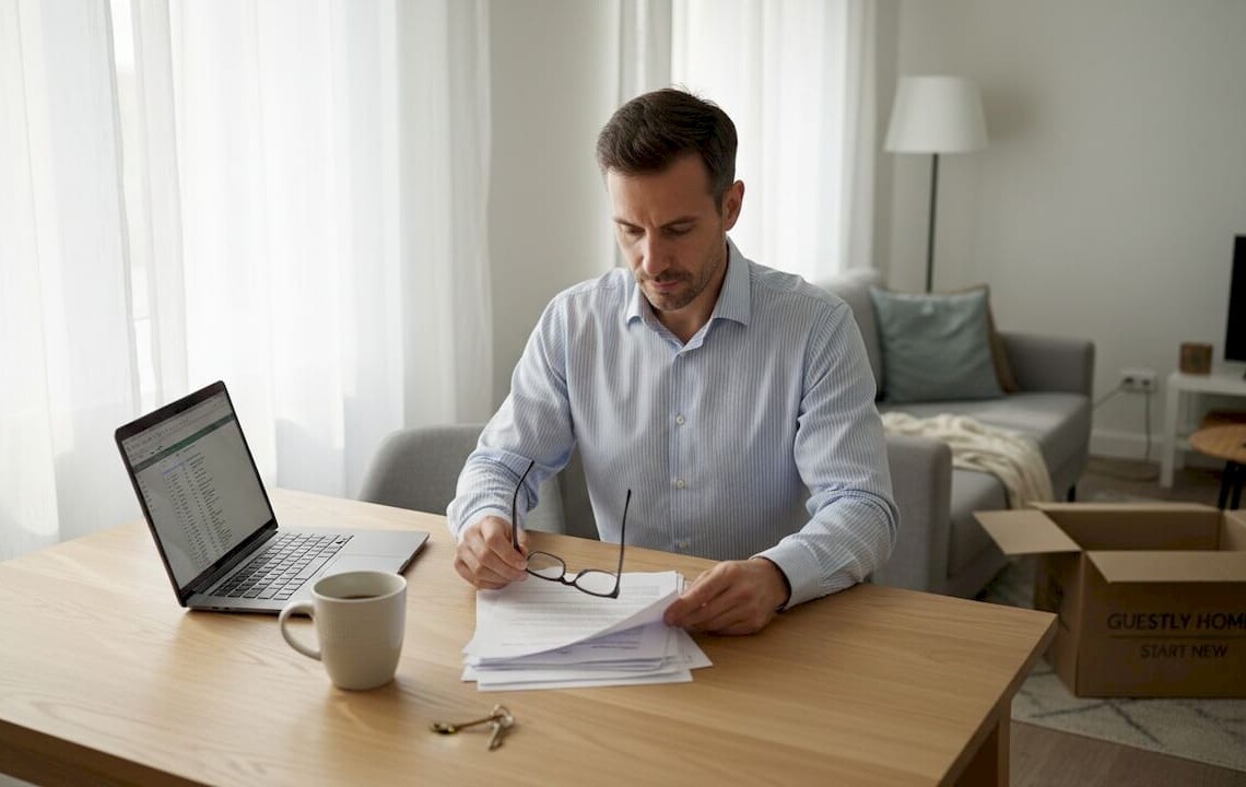 Property manager reviewing documents at apartment table