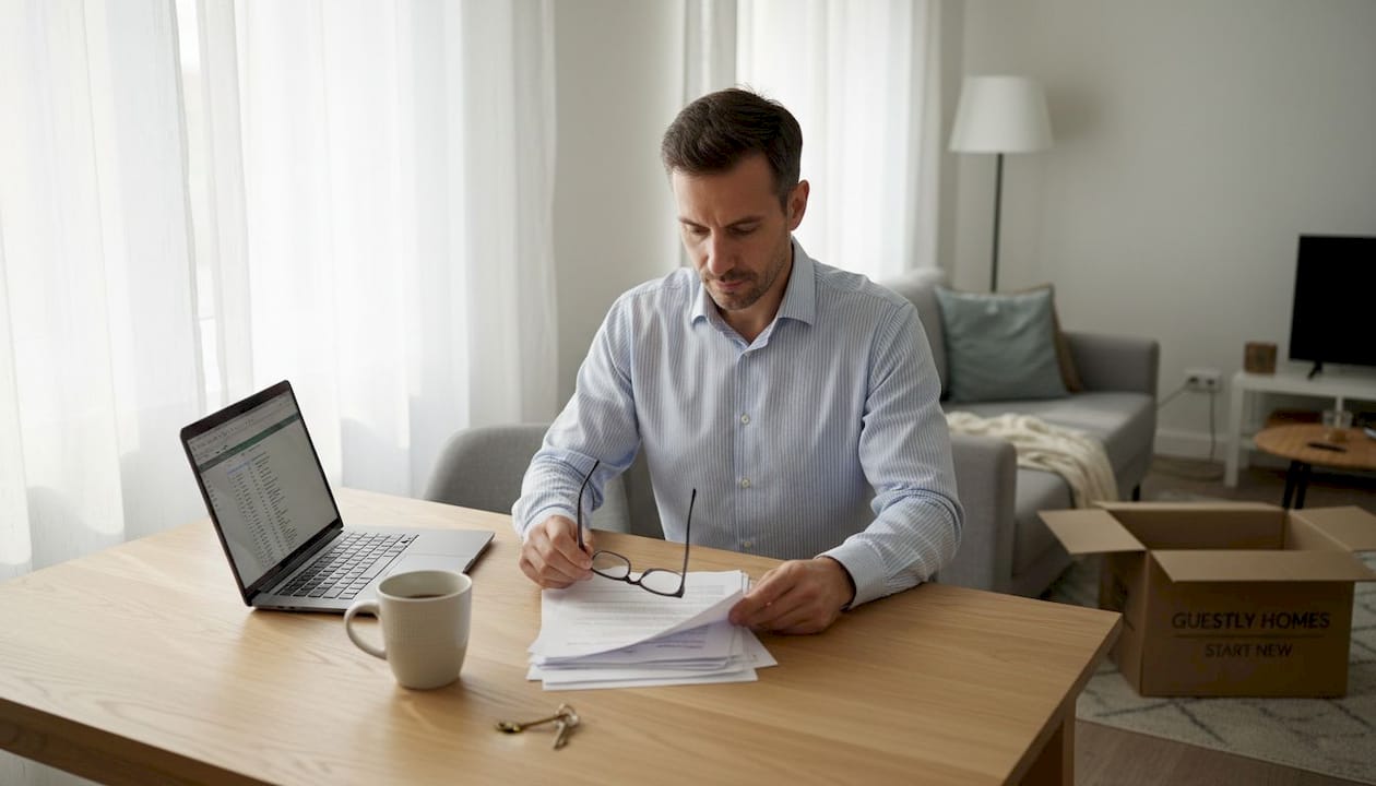 Property manager reviewing documents at apartment table