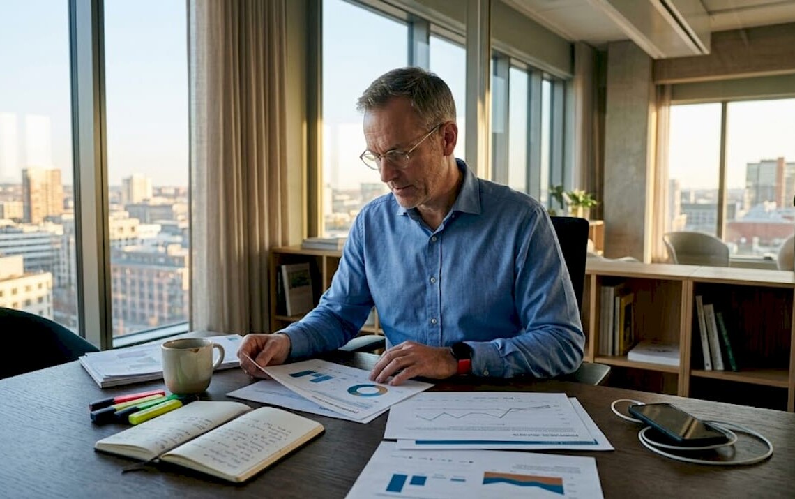 Financial advisor reviewing investment plans at city office desk