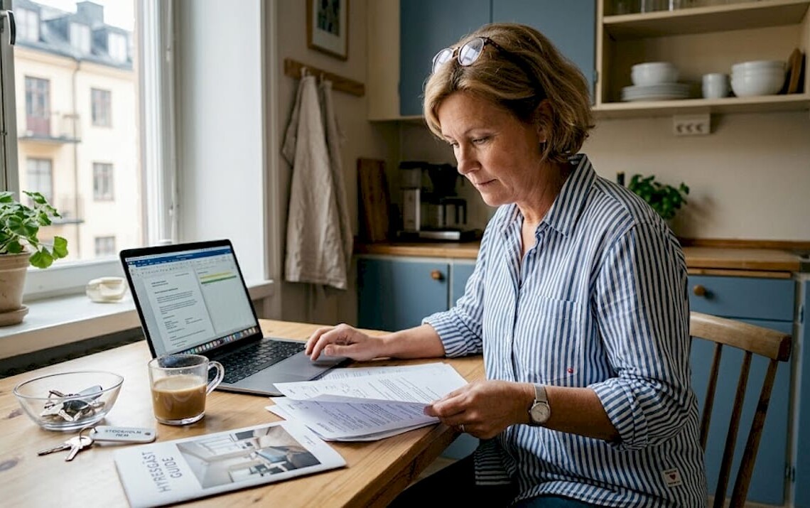 Landlord reviewing rental documents at kitchen table