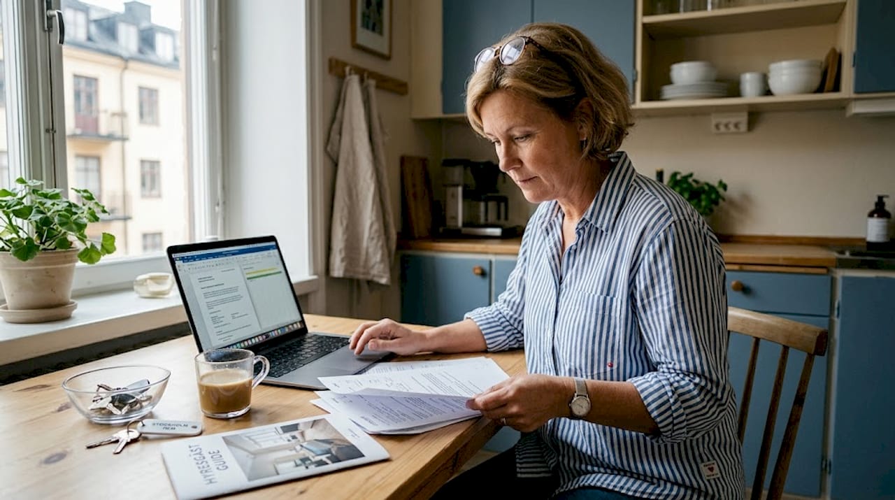 Landlord reviewing rental documents at kitchen table