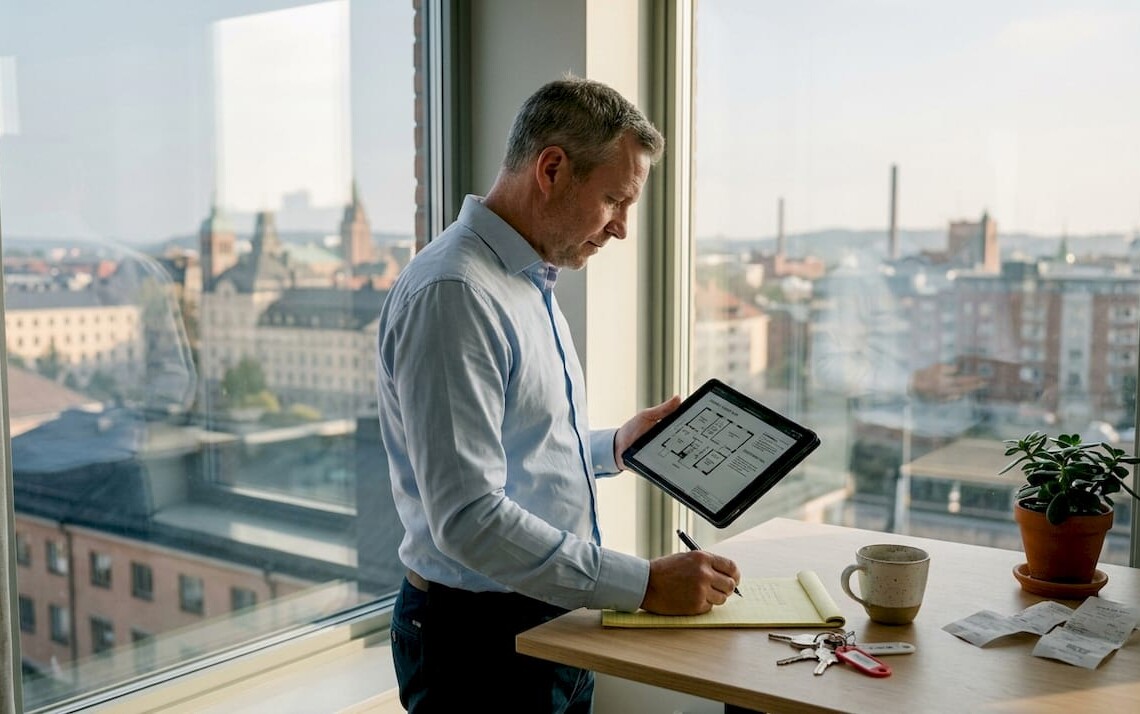 Property manager in office overlooking Norrköping housing