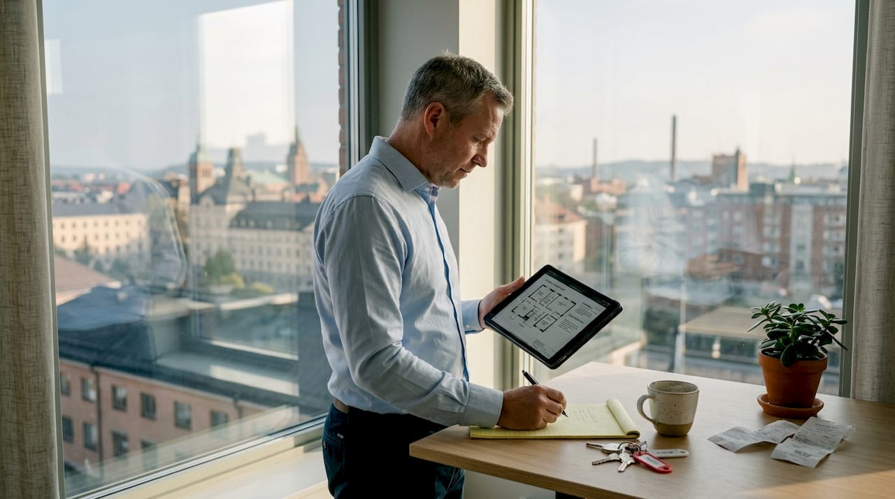Property manager in office overlooking Norrköping housing