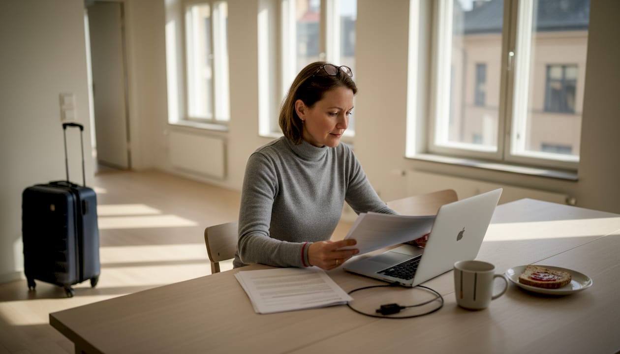 Business traveler working in Swedish apartment