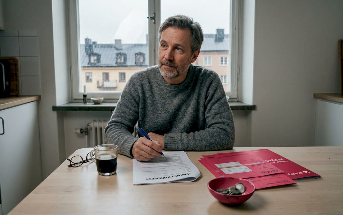 Landlord reviewing tenancy contract at kitchen table