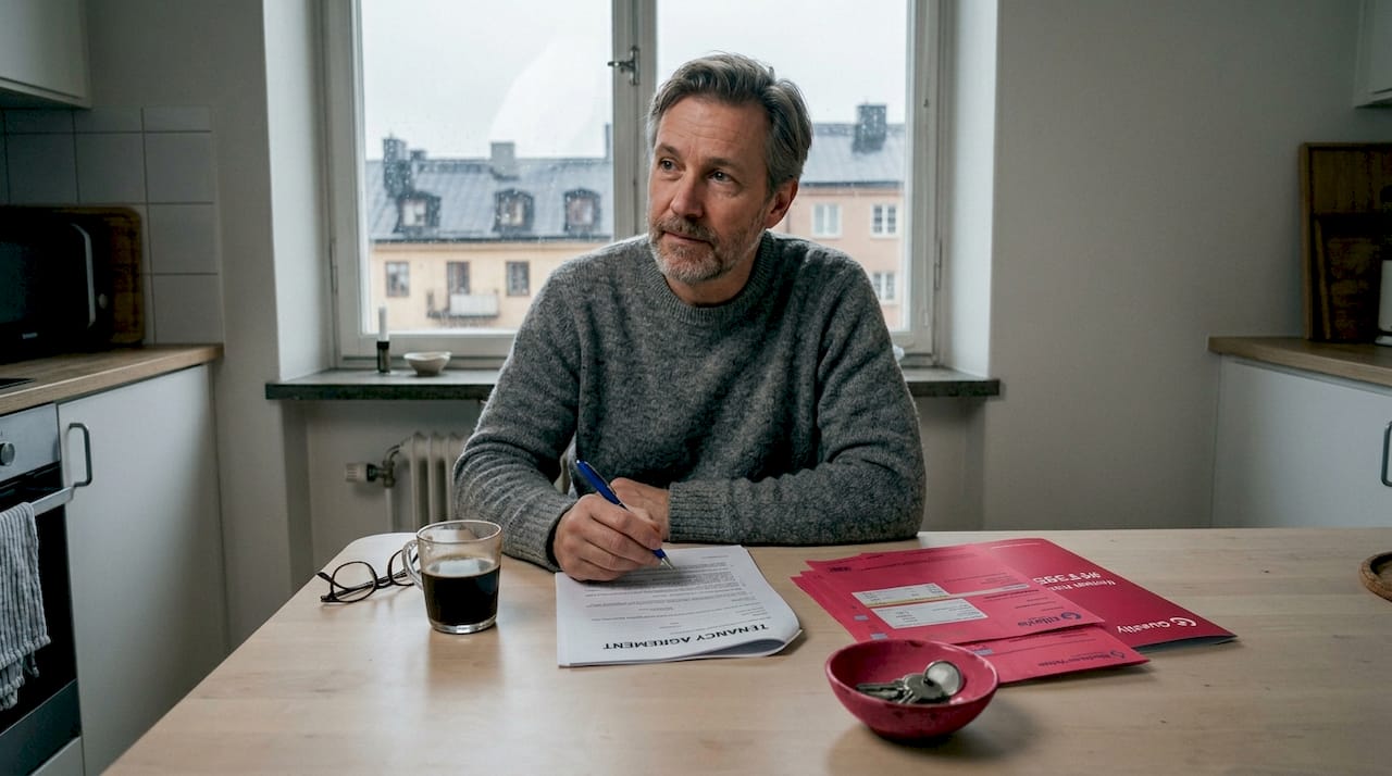 Landlord reviewing tenancy contract at kitchen table