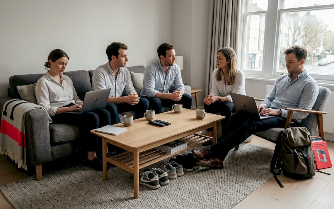 Team in cramped, tired shared apartment